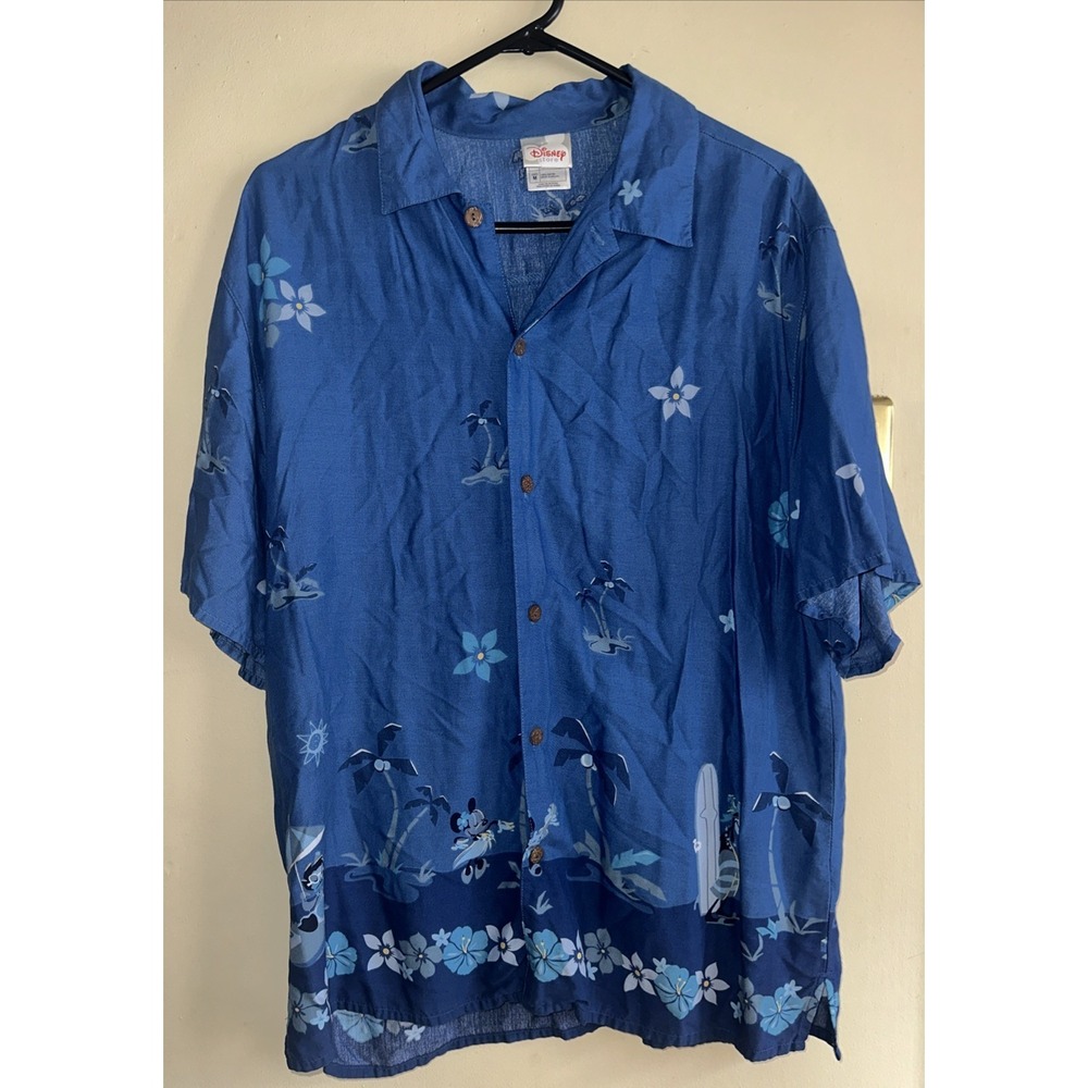 Disney Store Medium Blue Rayon Hawaiian Shirt Border Print Whimsical Camp Shirt
